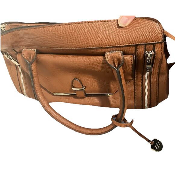 London Fog Tote Shopper Bag Cognac Brown Large Double Handle with Pockets Strap - Picture 3 of 16